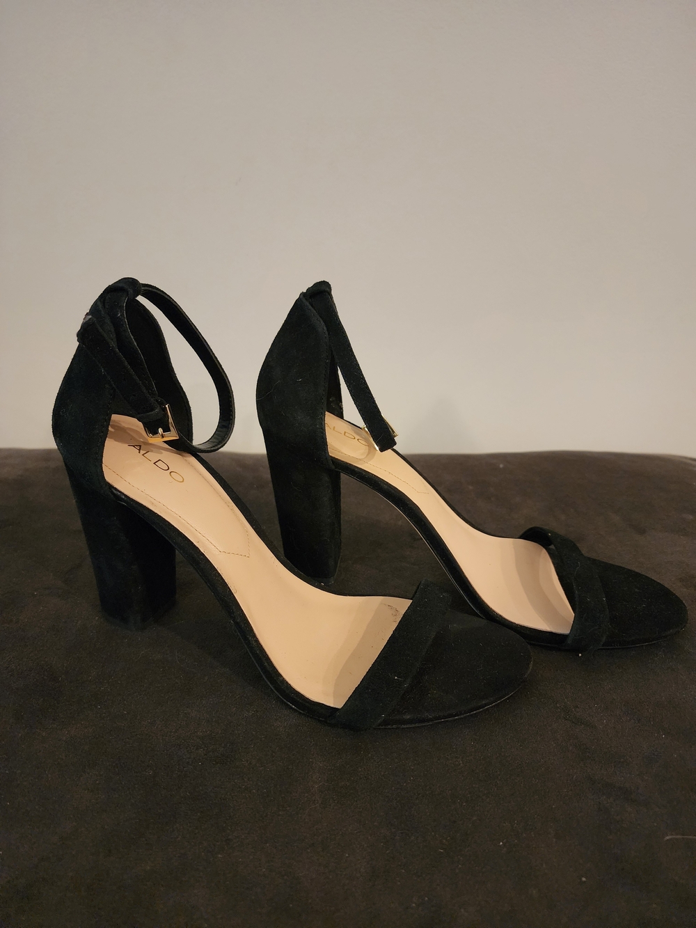 Aldo Black Suede Open-Toe Ankle-Strap Block Heel Sandals